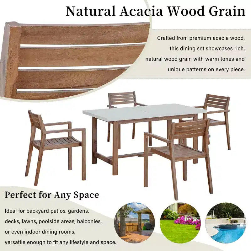 Ensemble de salle à manger d'extérieur 5 pièces Whisen avec table en bois d'acacia et 4 chaises, trou pour parasol, convient pour la pelouse, le jardin, le bord de la piscine et l'intérieur