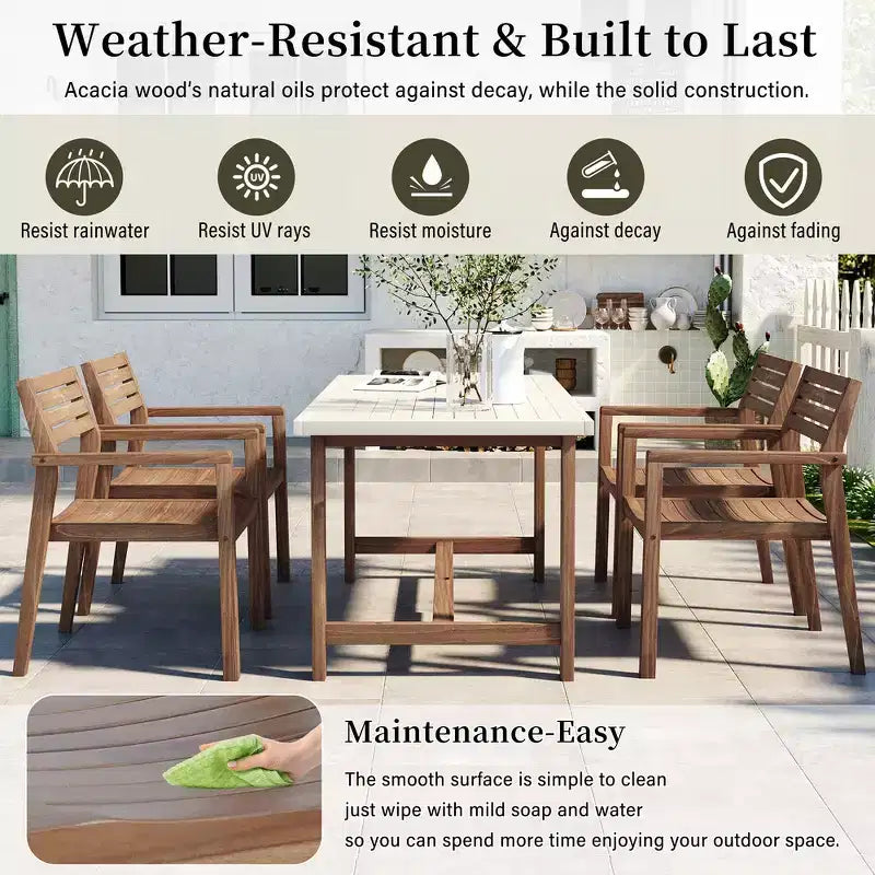 Ensemble de salle à manger d'extérieur 5 pièces Whisen avec table en bois d'acacia et 4 chaises, trou pour parasol, convient pour la pelouse, le jardin, le bord de la piscine et l'intérieur