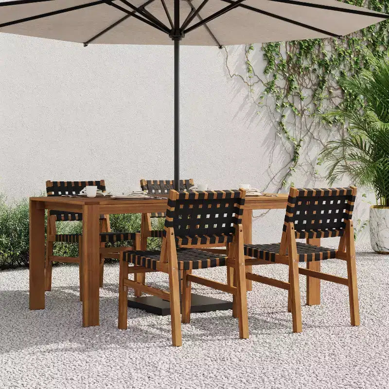 Christopher Knight Home Prem Modern Set da pranzo da esterno 5 pezzi in legno di acacia con corda intrecciata in PE e tavolo a doghe