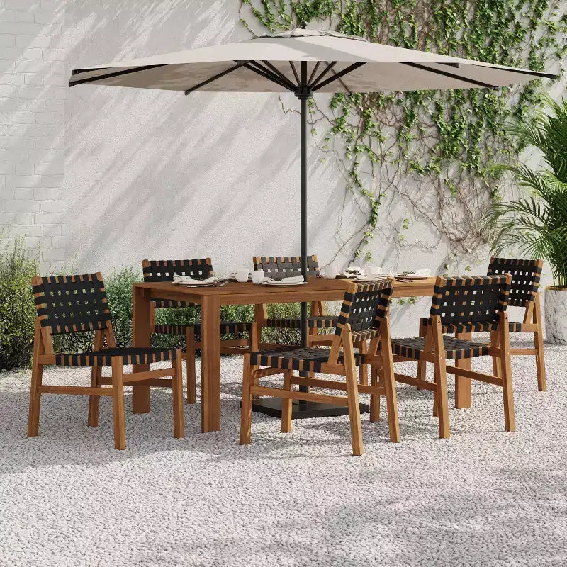 Christopher Knight Home Ratchanon Set da pranzo moderno da esterno da 7 pezzi in legno di acacia con corda intrecciata in PE e tavolo a doghe