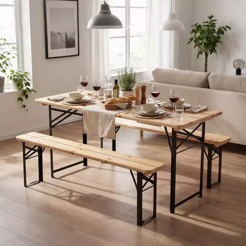 Gymax Table de Pique-nique Pliante 3 Pièces avec Bancs et Cadre Métallique pour Jardin Terrasse