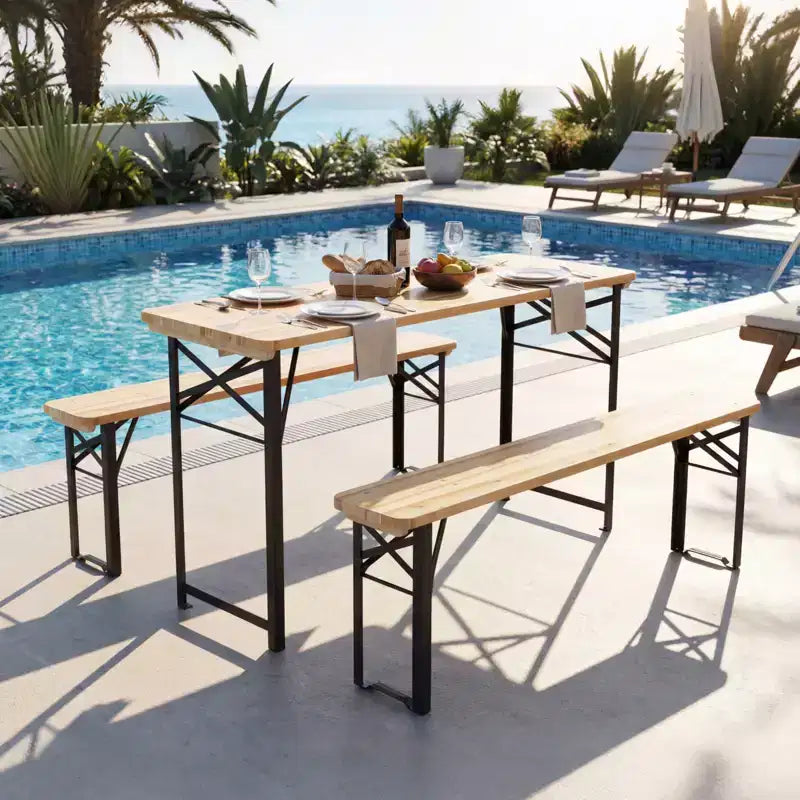 Gymax Table de Pique-nique Pliante 3 Pièces avec Bancs et Cadre Métallique pour Jardin Terrasse