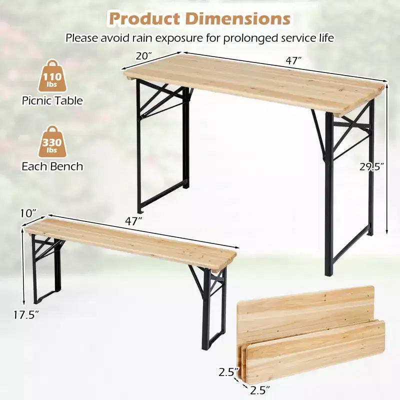 Gymax Table de Pique-nique Pliante 3 Pièces avec Bancs et Cadre Métallique pour Jardin Terrasse