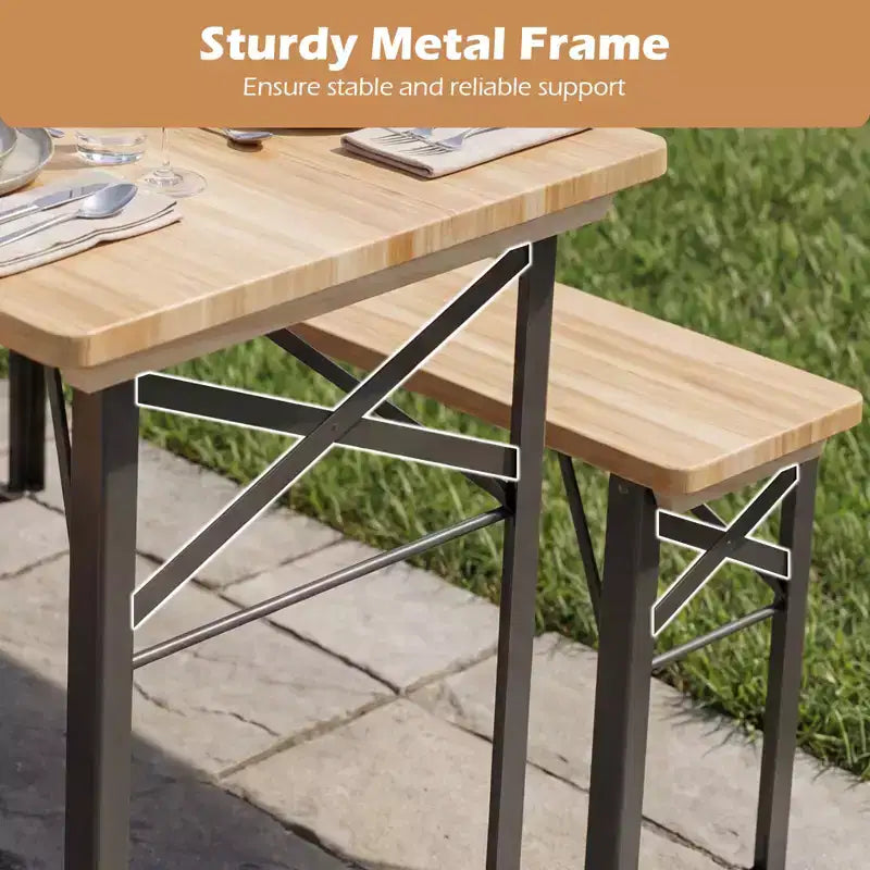 Gymax Table de Pique-nique Pliante 3 Pièces avec Bancs et Cadre Métallique pour Jardin Terrasse