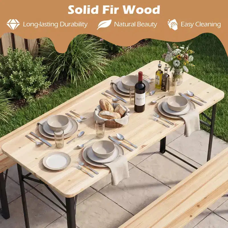 Gymax Table de Pique-nique Pliante 3 Pièces avec Bancs et Cadre Métallique pour Jardin Terrasse