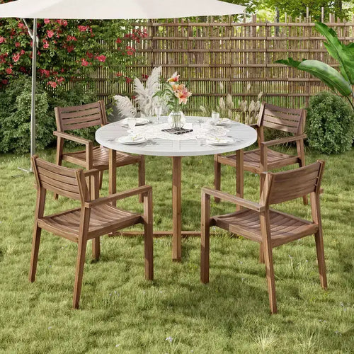 Ensemble de salle à manger d'extérieur 5 pièces en bois d'acacia pour 4, table ronde à lattes et 4 chaises, mobilier de jardin pour terrasse, bord de piscine - Panipeachy