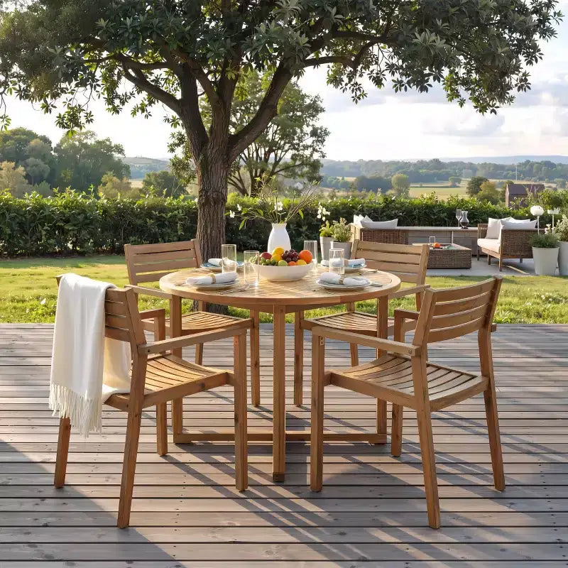 Ensemble de salle à manger d'extérieur 5 pièces en bois d'acacia pour 4, table ronde à lattes et 4 chaises, mobilier de jardin pour terrasse, bord de piscine - Panipeachy