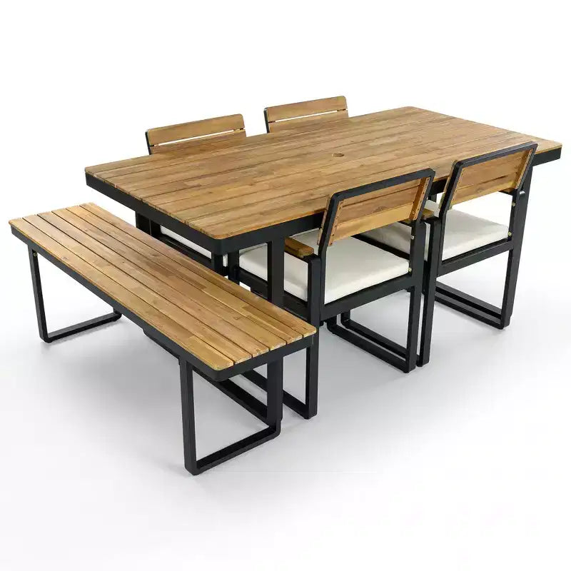 Whisen 6-Piece Outdoor Wood Dining Set for 6-7 Person, Patio Garden Dining Seating Set, 1 Rectangle Table & 1 Bench & 4 Chairs with Cushions