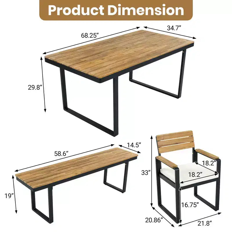 Whisen 6-Piece Outdoor Wood Dining Set for 6-7 Person, Patio Garden Dining Seating Set, 1 Rectangle Table & 1 Bench & 4 Chairs with Cushions