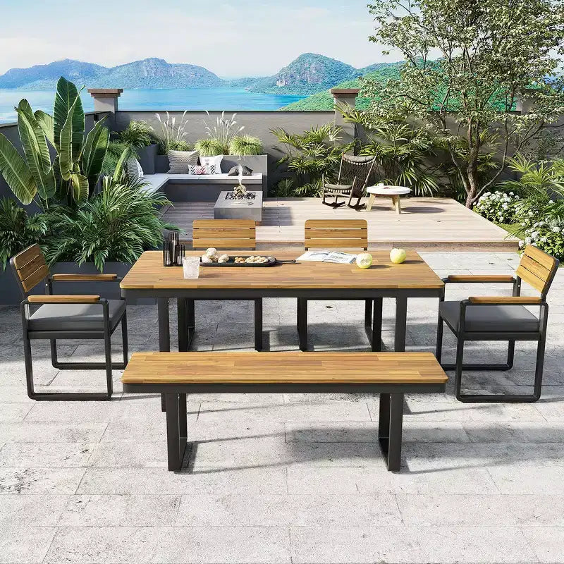 Whisen 6-Piece Outdoor Wood Dining Set for 6-7 Person, Patio Garden Dining Seating Set, 1 Rectangle Table & 1 Bench & 4 Chairs with Cushions