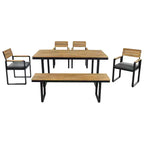 Whisen 6-Piece Outdoor Wood Dining Set for 6-7 Person, Patio Garden Dining Seating Set, 1 Rectangle Table & 1 Bench & 4 Chairs with Cushions