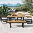 Whisen 6-Piece Outdoor Wood Dining Set for 6-7 Person, Patio Garden Dining Seating Set, 1 Rectangle Table & 1 Bench & 4 Chairs with Cushions