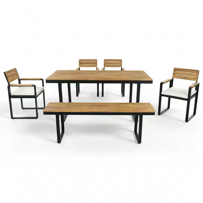 Whisen 6-Piece Outdoor Wood Dining Set for 6-7 Person, Patio Garden Dining Seating Set, 1 Rectangle Table & 1 Bench & 4 Chairs with Cushions