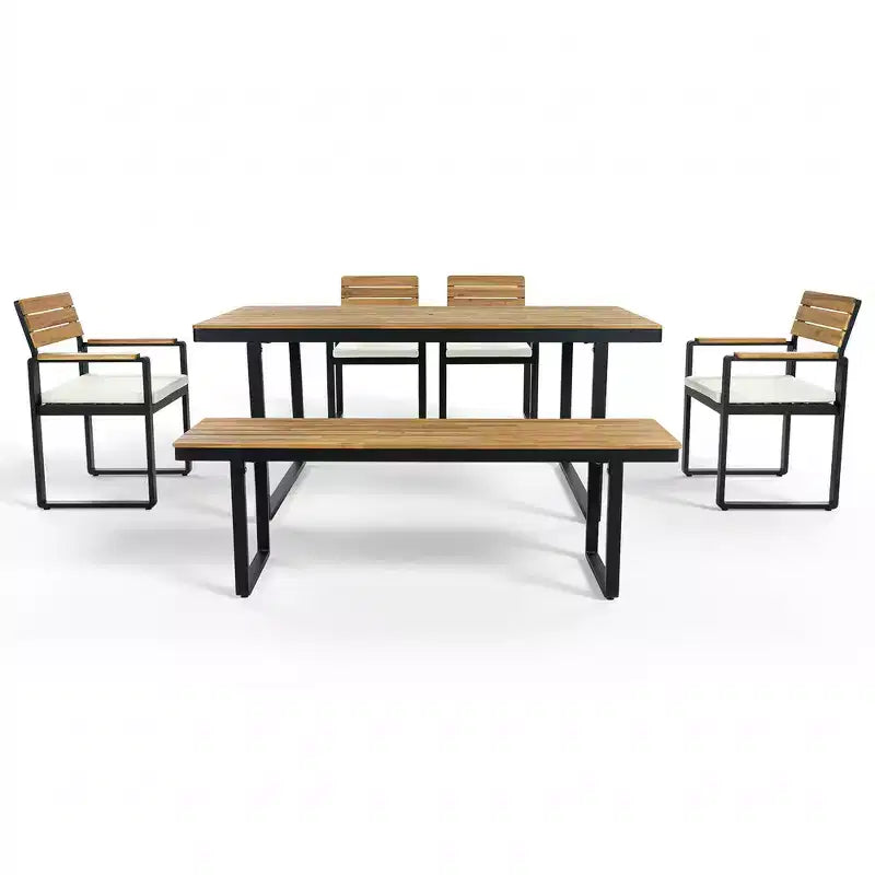 Whisen 6-Piece Outdoor Wood Dining Set for 6-7 Person, Patio Garden Dining Seating Set, 1 Rectangle Table & 1 Bench & 4 Chairs with Cushions