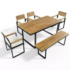 Whisen 6-Piece Outdoor Wood Dining Set for 6-7 Person, Patio Garden Dining Seating Set, 1 Rectangle Table & 1 Bench & 4 Chairs with Cushions