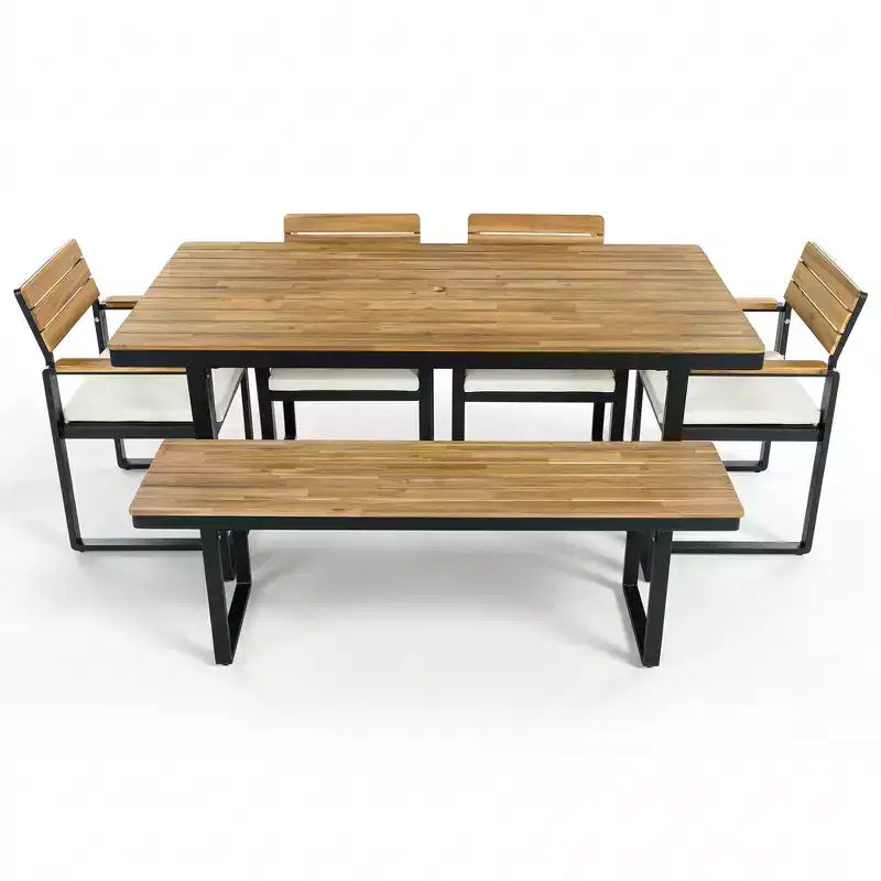 Whisen 6-Piece Outdoor Wood Dining Set for 6-7 Person, Patio Garden Dining Seating Set, 1 Rectangle Table & 1 Bench & 4 Chairs with Cushions