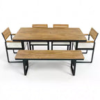 Whisen 6-Piece Outdoor Wood Dining Set for 6-7 Person, Patio Garden Dining Seating Set, 1 Rectangle Table & 1 Bench & 4 Chairs with Cushions