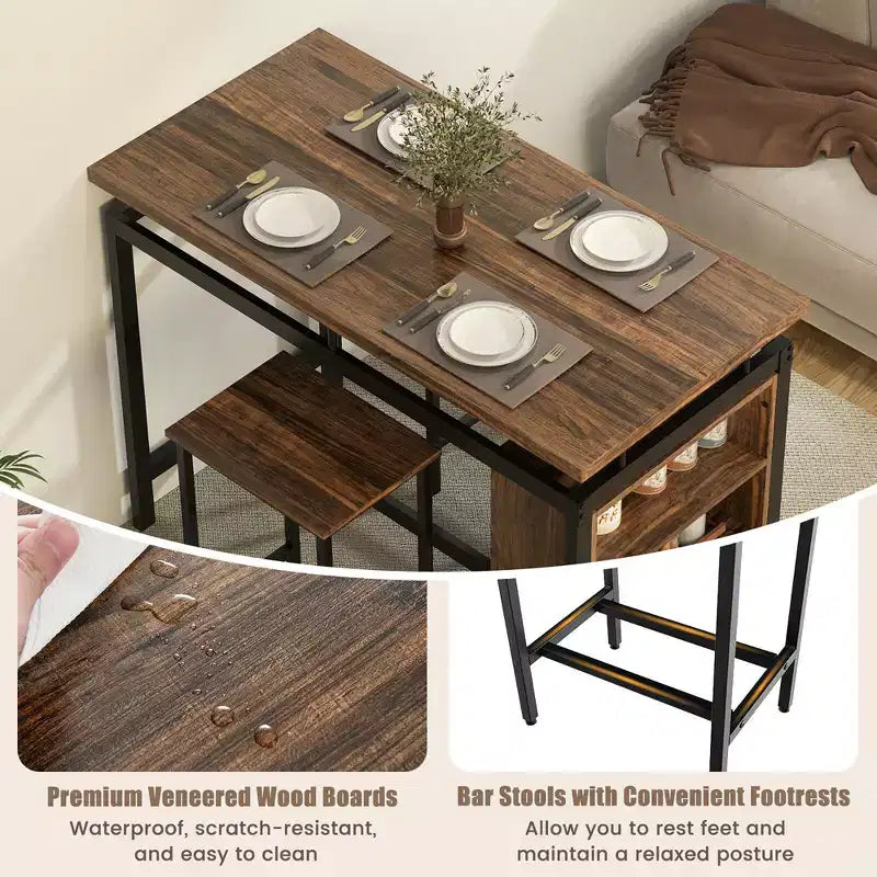 Ensemble de table à manger 3 pièces Costway Table de bistrot et 2 tabourets de bar avec étagère de rangement à 3 niveaux