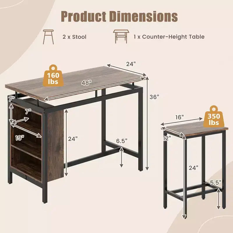 Ensemble de table à manger 3 pièces Costway Table de bistrot et 2 tabourets de bar avec étagère de rangement à 3 niveaux