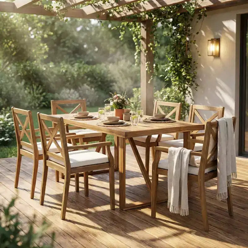 Ensemble de salle à manger d'extérieur 7 pièces en bois d'acacia avec 6 chaises rembourrées, ensemble de table à manger rectangulaire pour jardin, terrasse - Panipeachy