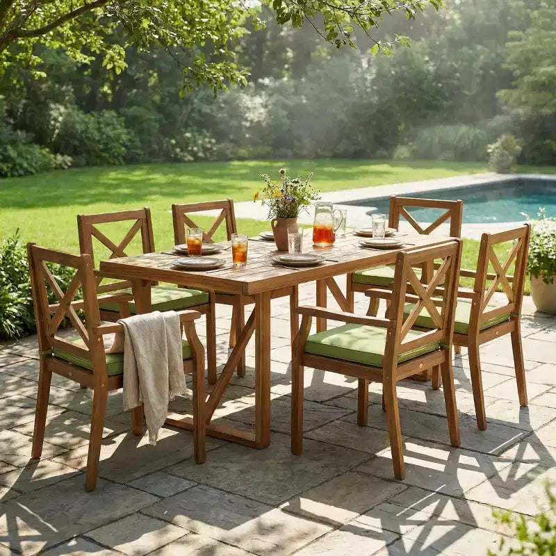 Ensemble de salle à manger d'extérieur 7 pièces en bois d'acacia avec 6 chaises rembourrées, ensemble de table à manger rectangulaire pour jardin, terrasse - Panipeachy