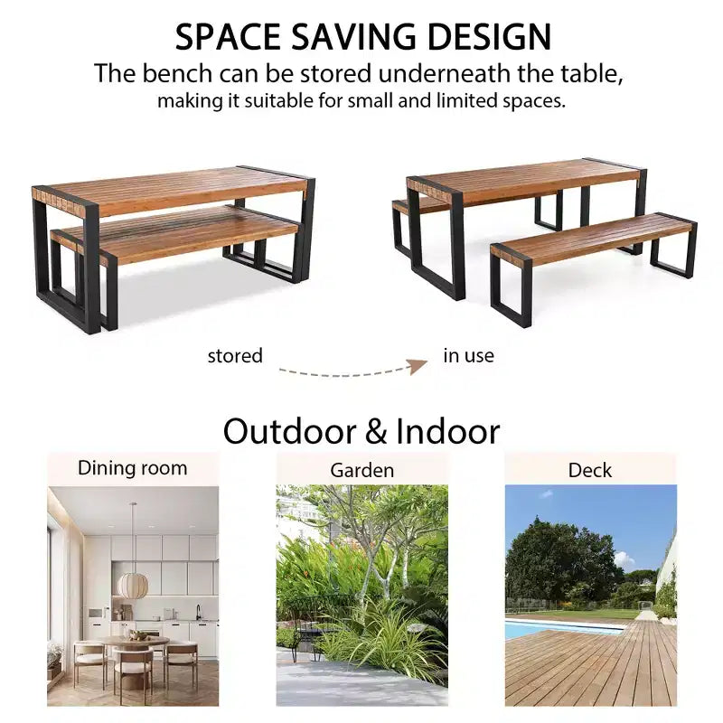 GDFStudio Wesley Patio Acacia Wood and Steel Dining Set with Table and 2 Benches