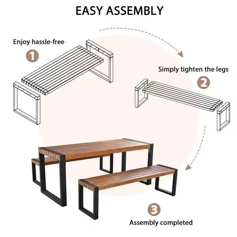 GDFStudio Wesley Patio Acacia Wood and Steel Dining Set with Table and 2 Benches