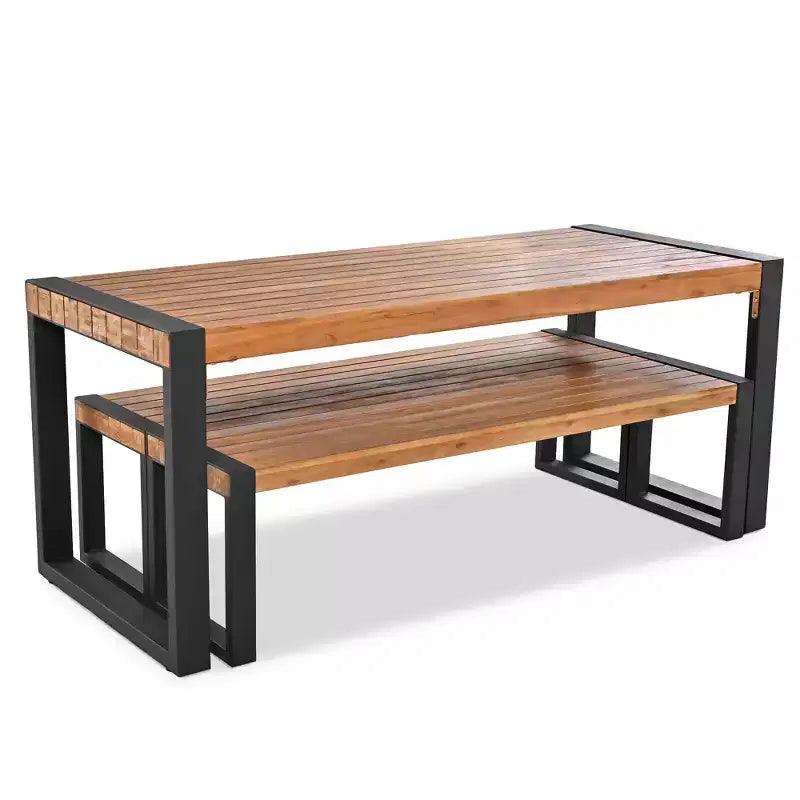 GDFStudio Wesley Patio Acacia Wood and Steel Dining Set with Table and 2 Benches