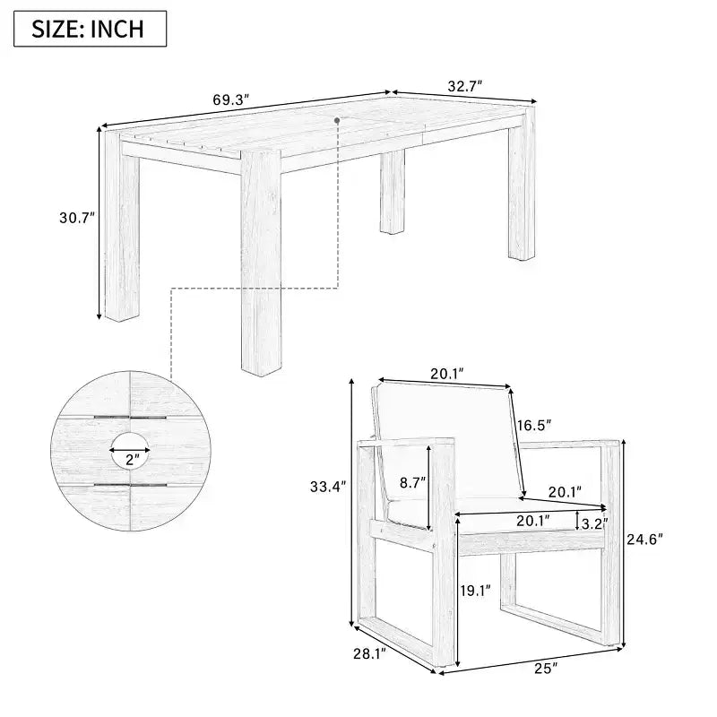 7-Piece Outdoor Dining Set for 6 with Umbrella Hole, Wood Patio Table and Chairs Set with Removable Cushions for Backyard or Patio-Panipeachy