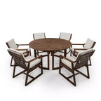 Ensemble de salle à manger de jardin en bois 7 pièces pour 6 personnes, table ronde avec trou pour parasol et chaises rembourrées pour le jardin ou l'arrière-cour - Panipeachy