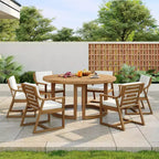 Ensemble de salle à manger de jardin en bois 7 pièces pour 6 personnes, table ronde avec trou pour parasol et chaises rembourrées pour le jardin ou l'arrière-cour - Panipeachy