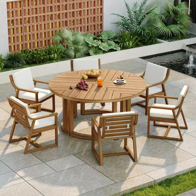 Ensemble de salle à manger de jardin en bois 7 pièces pour 6 personnes, table ronde avec trou pour parasol et chaises rembourrées pour le jardin ou l'arrière-cour - Panipeachy