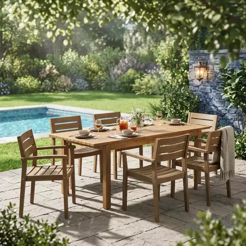 Christopher Knight Home Kasper Modern 7 Piece Patio Acacia Dining Set with Expandable Rectangular Slatted Table