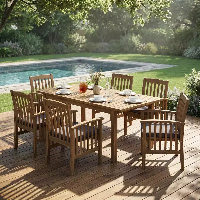 Christopher Knight Home Rasmus, set da pranzo moderno da 7 pezzi per patio con tavolo in acacia espandibile a doghe e cuscini