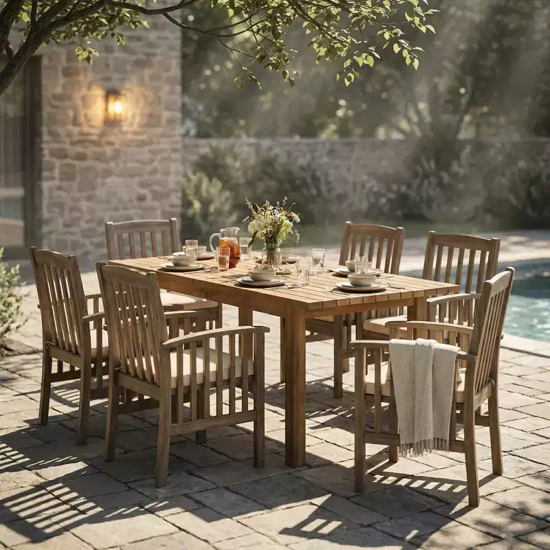 Christopher Knight Home Rasmus, set da pranzo moderno da 7 pezzi per patio con tavolo in acacia espandibile a doghe e cuscini