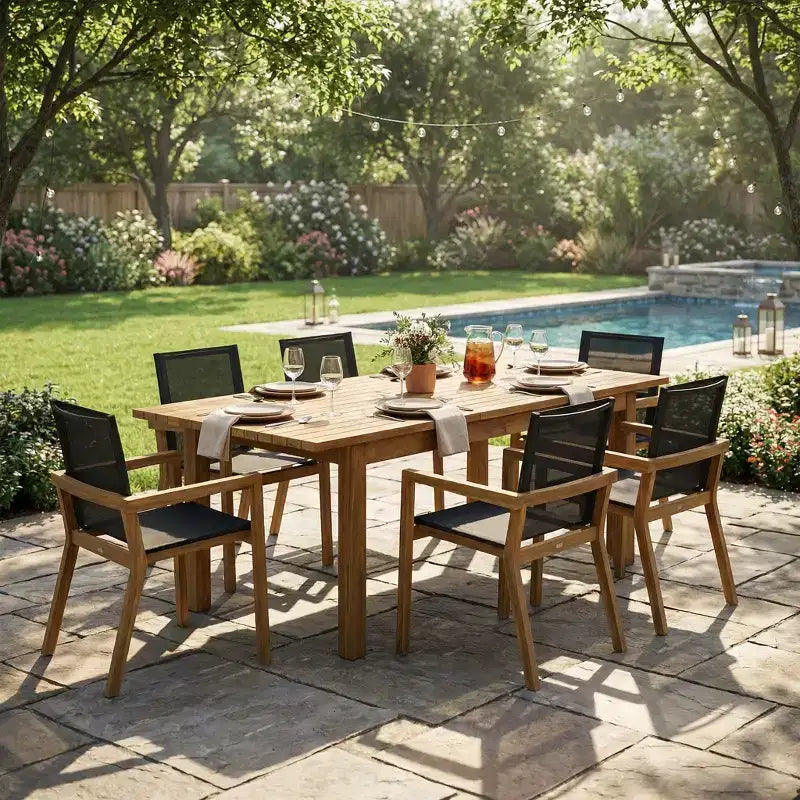 Set da pranzo da esterno Christopher Knight Home Sofia in 7 pezzi in legno di acacia rustico con sedie in rete