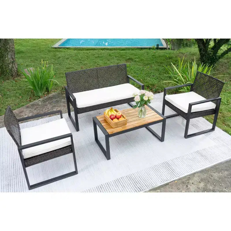 Ensemble de mobilier de jardin 4 pièces en bois d'acacia avec plateau de table, cadre en métal, coussins, pour balcon, jardin, arrière-cour, pelouse