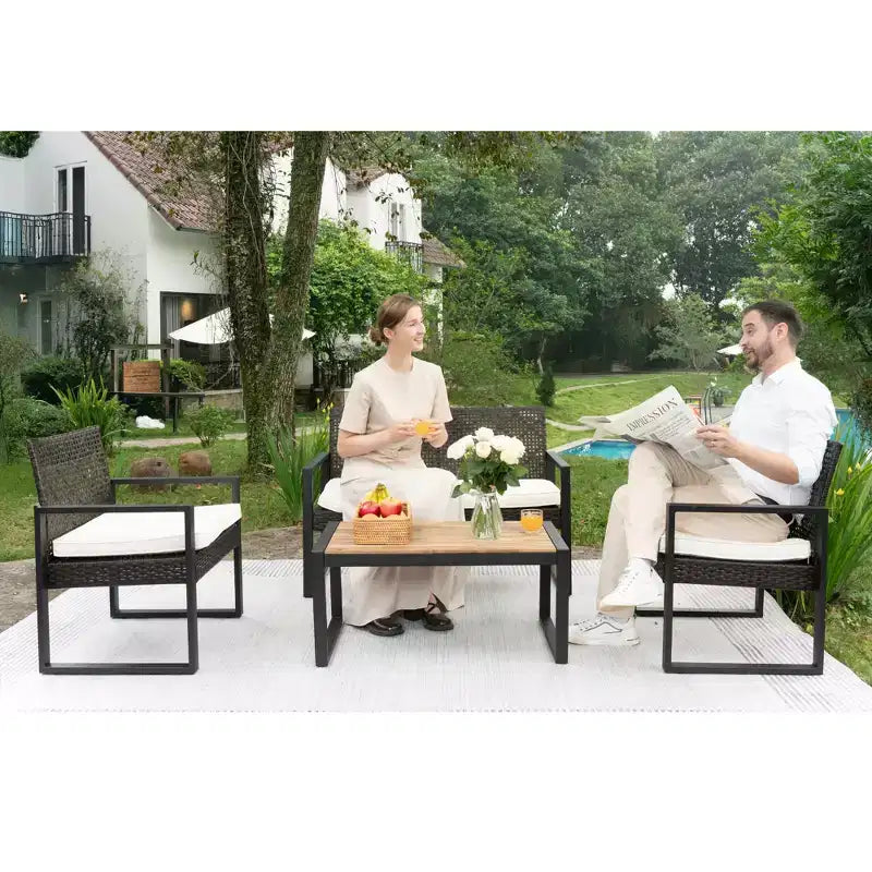 Ensemble de mobilier de jardin 4 pièces en bois d'acacia avec plateau de table, cadre en métal, coussins, pour balcon, jardin, arrière-cour, pelouse