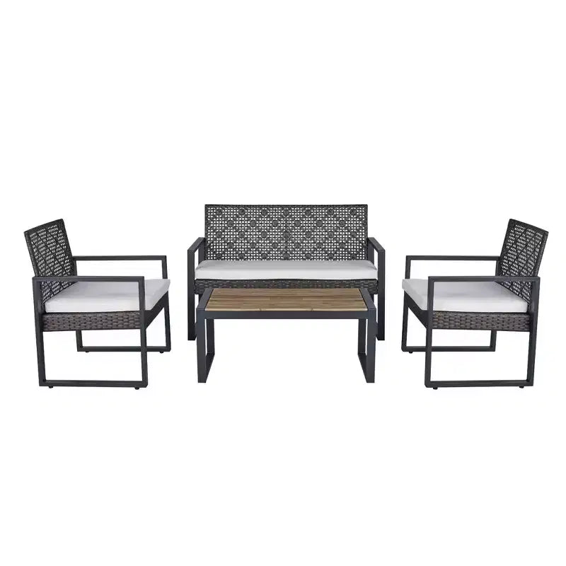 Ensemble de mobilier de jardin 4 pièces en bois d'acacia avec plateau de table, cadre en métal, coussins, pour balcon, jardin, arrière-cour, pelouse