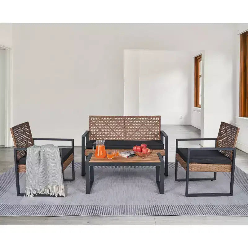 Ensemble de mobilier de jardin 4 pièces en bois d'acacia avec plateau de table, cadre en métal, coussins, pour balcon, jardin, arrière-cour, pelouse