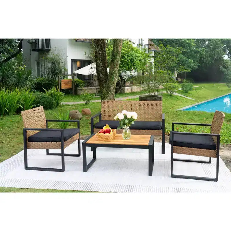 Ensemble de mobilier de jardin 4 pièces en bois d'acacia avec plateau de table, cadre en métal, coussins, pour balcon, jardin, arrière-cour, pelouse