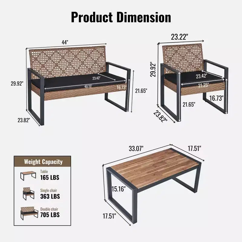 Ensemble de mobilier de jardin 4 pièces en bois d'acacia avec plateau de table, cadre en métal, coussins, pour balcon, jardin, arrière-cour, pelouse
