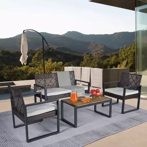 Ensemble de mobilier de jardin 4 pièces en bois d'acacia avec plateau de table, cadre en métal, coussins, pour balcon, jardin, arrière-cour, pelouse
