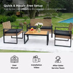 Ensemble de mobilier de jardin 4 pièces en bois d'acacia avec plateau de table, cadre en métal, coussins, pour balcon, jardin, arrière-cour, pelouse