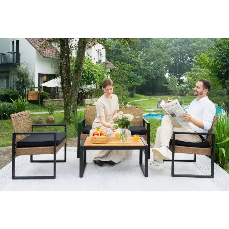 Ensemble de mobilier de jardin 4 pièces en bois d'acacia avec plateau de table, cadre en métal, coussins, pour balcon, jardin, arrière-cour, pelouse