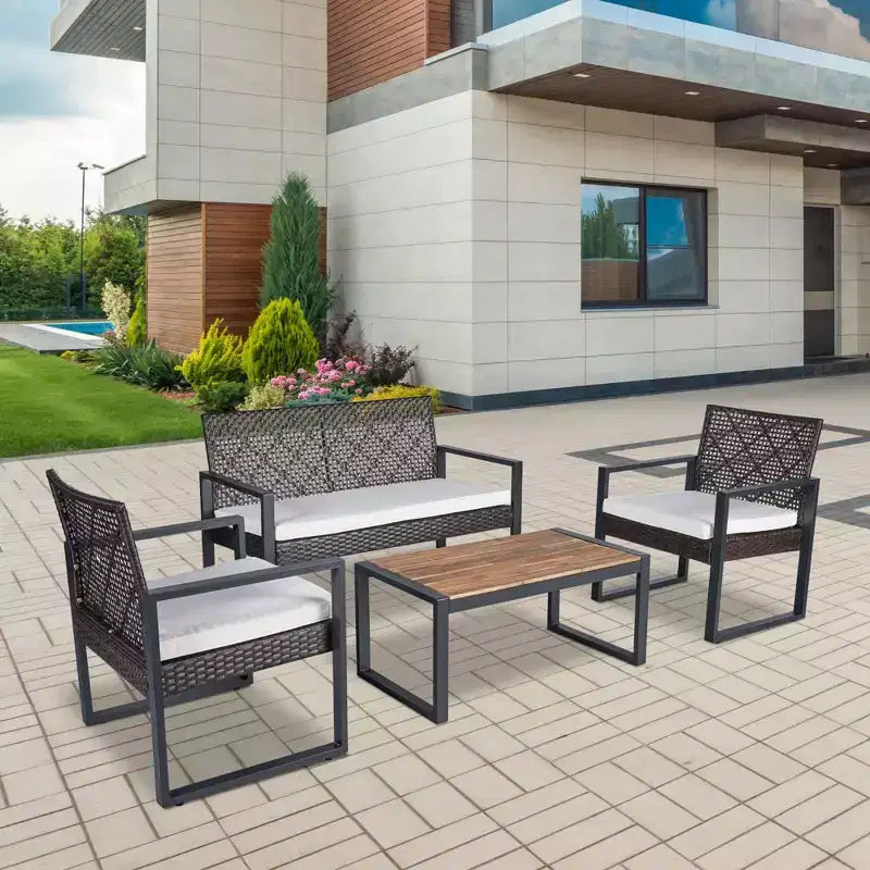 Ensemble de mobilier de jardin 4 pièces en bois d'acacia avec plateau de table, cadre en métal, coussins, pour balcon, jardin, arrière-cour, pelouse
