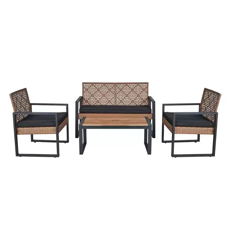 Ensemble de mobilier de jardin 4 pièces en bois d'acacia avec plateau de table, cadre en métal, coussins, pour balcon, jardin, arrière-cour, pelouse