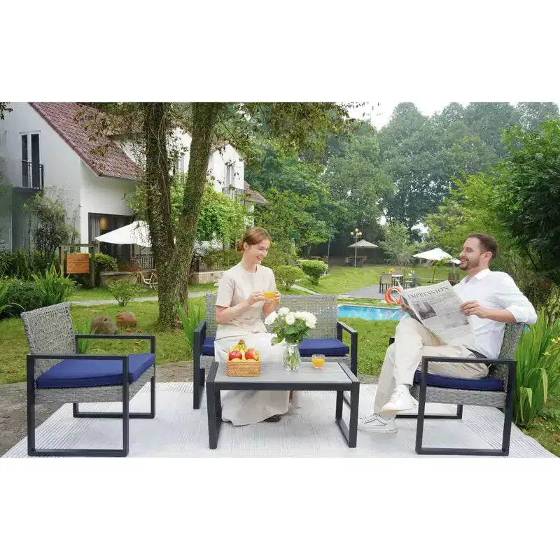 Ensemble de mobilier de jardin 4 pièces en bois d'acacia avec plateau de table, cadre en métal, coussins, pour balcon, jardin, arrière-cour, pelouse