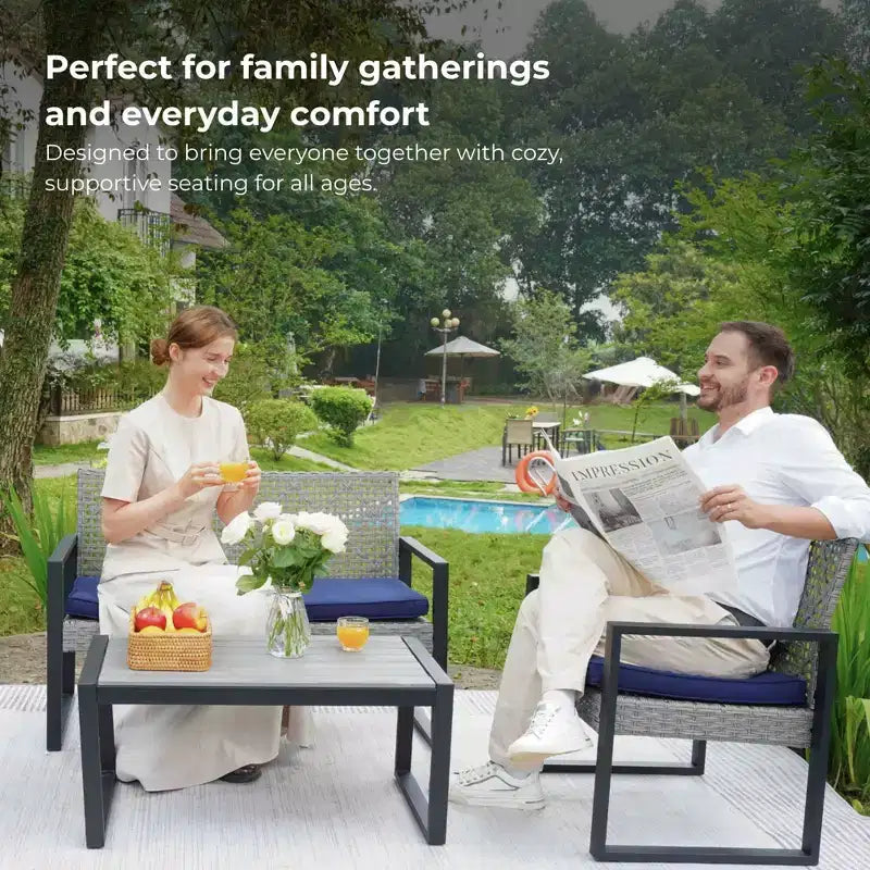 Ensemble de mobilier de jardin 4 pièces en bois d'acacia avec plateau de table, cadre en métal, coussins, pour balcon, jardin, arrière-cour, pelouse