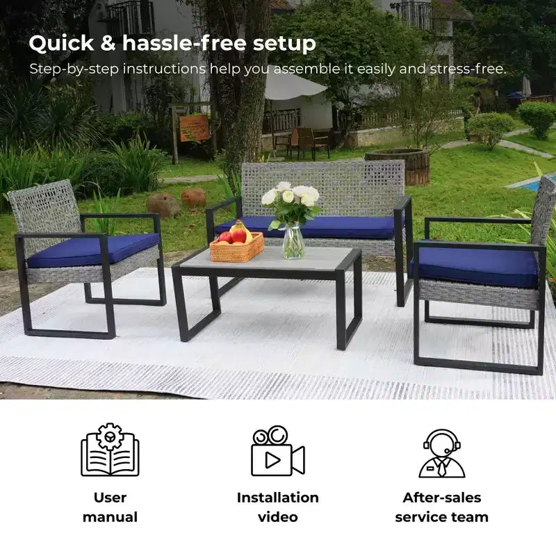 Ensemble de mobilier de jardin 4 pièces en bois d'acacia avec plateau de table, cadre en métal, coussins, pour balcon, jardin, arrière-cour, pelouse